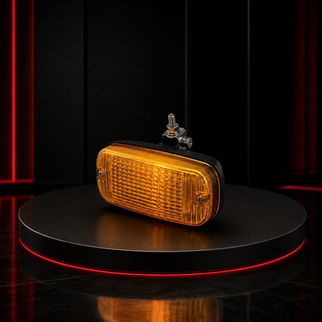 Piloto holandés Talmu amarillo apagado sobre podium negro — render producto en reposo (ampliada)
