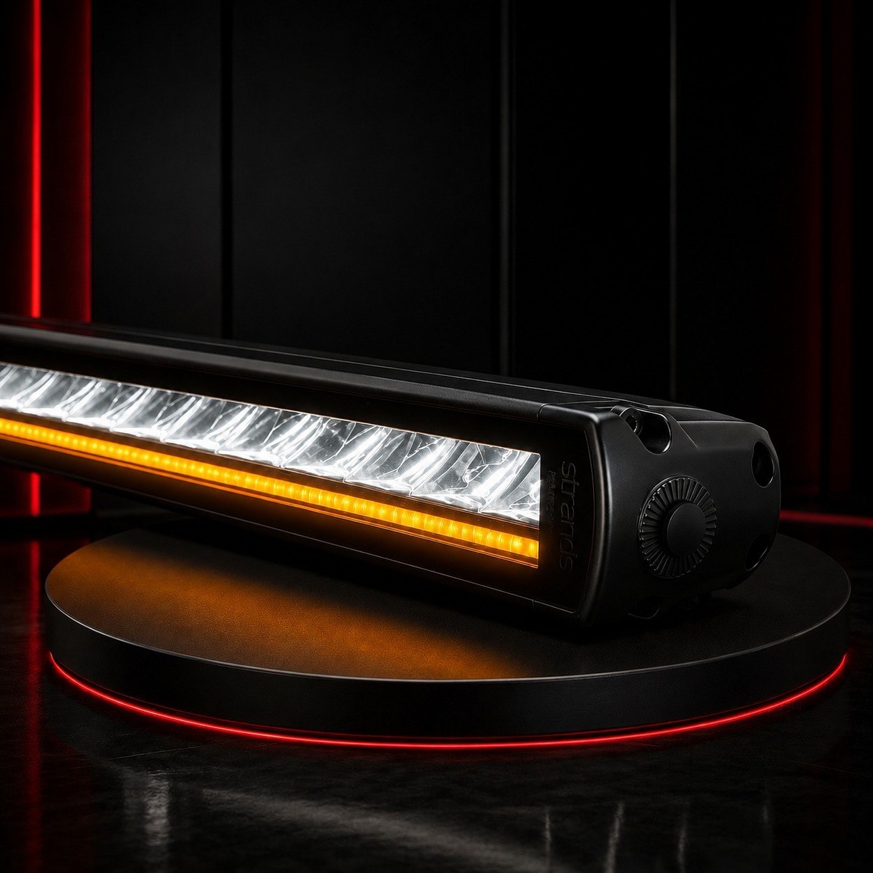 Barra LED Strands Siberia SR 32 pulgadas encendida — render LEDs ámbar y blancos iluminados