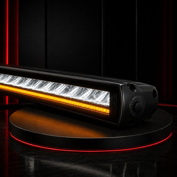 Barra LED Strands Siberia SR 32 pulgadas encendida — render LEDs ámbar y blancos iluminados